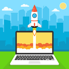 Poster - Successful startup business concept. Flat vector illustration with rocket launch and cloud, sun, city skyscrapers and laptop on the background. A
