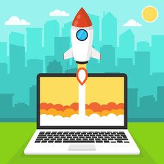 Poster - Successful startup business concept. Flat vector illustration with rocket launch and cloud, sun, city skyscrapers and laptop on the background. A