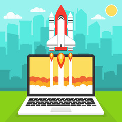Poster - Successful startup business concept. Flat vector illustration with rocket launch and cloud, sun, city skyscrapers and laptop on the background. A