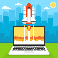 Poster - Successful startup business concept. Flat vector illustration with rocket launch and cloud, sun, city skyscrapers and laptop on the background. A