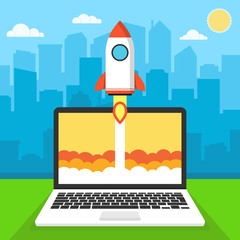 Poster - Successful startup business concept. Flat vector illustration with rocket launch and cloud, sun, city skyscrapers and laptop on the background. A