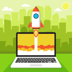 Fototapete - Successful startup business concept. Flat vector illustration with rocket launch and cloud, sun, city skyscrapers and laptop on the background. A