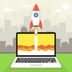 Poster - Successful startup business concept. Flat vector illustration with rocket launch and cloud, sun, city skyscrapers and laptop on the background. A