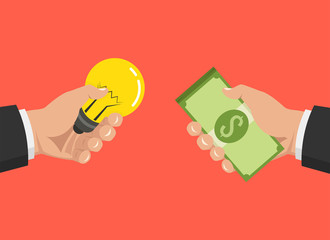 Poster - One hand holding light bulb and other hand offers money.  Buy idea, investing in innovation, modern technology business concept. Vector illustration.