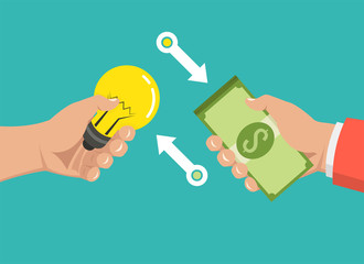 Poster - One hand holding light bulb and other hand offers money.  Buy idea, investing in innovation, modern technology business concept. Vector illustration.