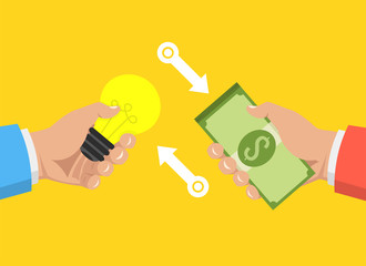 Poster - One hand holding light bulb and other hand offers money.  Buy idea, investing in innovation, modern technology business concept. Vector illustration.