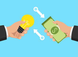 Poster - One hand holding light bulb and other hand offers money.  Buy idea, investing in innovation, modern technology business concept. Vector illustration.