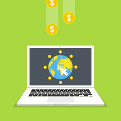 Poster - Make money online concept. Laptop, mouse cursor, gold coins. Flat vector illustration.