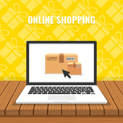 Poster - Online shopping concept. Laptop with boxes on screen and wooden table. Gifts on background. Flat cartoon style. Vector illustration.