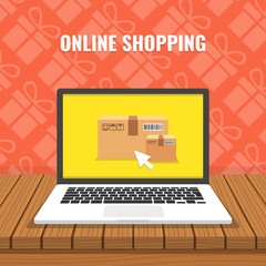 Poster - Online shopping concept. Laptop with boxes on screen and wooden table. Gifts on background. Flat cartoon style. Vector illustration.