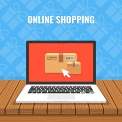 Poster - Online shopping concept. Laptop with boxes on screen and wooden table. Gifts on background. Flat cartoon style. Vector illustration.