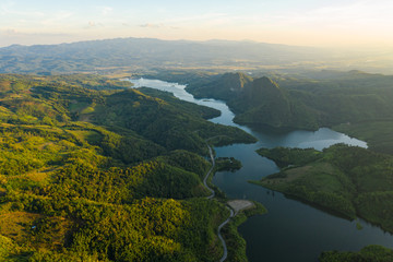 Wall Mural - natural reservoir dam in the valley in Thailand aerial view from drone