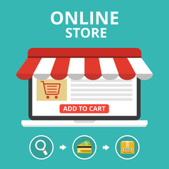 Poster - online shopping with open laptop and online shop. online store concept. flat cartoon style. vector i