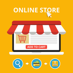 Poster - online shopping with open laptop and online shop. online store concept. flat cartoon style. vector i