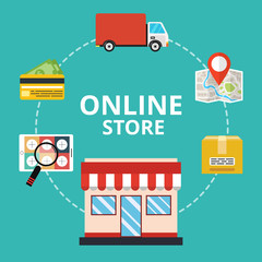 Poster - online shopping with open laptop and online shop. online store concept. flat cartoon style. vector i