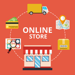 Poster - Online shopping with open laptop and online shop. Online store concept. Flat cartoon style. Vector illustration.