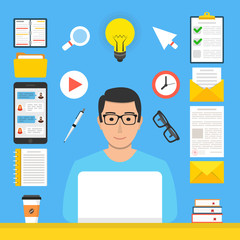 Poster - Online learning, e-learning concept. Man at computer in his room. Flat webinar icons set, modern flat design graphic elements for web banners, websites, infographics. Vector illustration.
