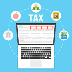 Poster - Tax payment. Data analysis, paperwork, financial research report. Calculation tax on the laptop. Finance icons set. Vector illustration.