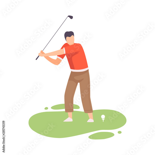 Young Man Swinging With Golf Club Male Golfer Player
