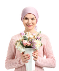 Sticker - Woman after chemotherapy with bouquet of flowers on white background