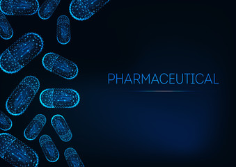 Futuristic medicine concept with glowing low polygonal capsule pills on dark blue background.