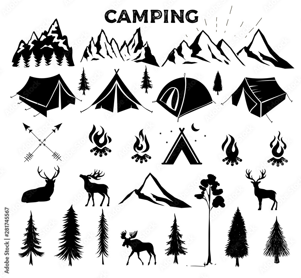Travel Event. Camping vector logo template for your design. Tourist tent, forest, camp, trees, Camp badges, labels, banners, brochures. Set of vintage camping, outdoor adventure emblems. - obrazy, fototapety, plakaty 
