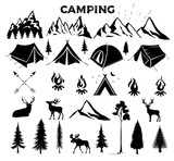Fototapeta Na ścianę - Travel Event. Camping vector logo template for your design. Tourist tent, forest, camp, trees, Camp badges, labels, banners, brochures. Set of vintage camping, outdoor adventure emblems.