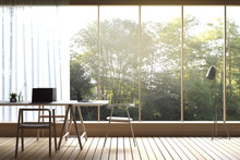 3D Rendering : Illustration Of Modern Working Room With Nature View. Co-working Space Room With Loft Concrete Style Interior. Large Window Looking To Nature And Forest With Sunlight. White Curtain.