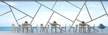 3D Rendering : Illustration Of Dining Room Interior. Dinner Or Lunch Table Set In Restaurant Of Beach Resort Or Hotel. Luxury Lifestyle Foodcourt. Sea View Eating Dining Room. Daylight. Summer Travel