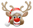 Christmas reindeer red nosed deer cartoon character wearing a Santa Claus hat