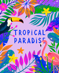 Wall Mural - summer vector illustration with bright tropical leaves,flamingo and toucan.multicolor plants with ha