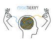 Concept illustration of psychotherapy with hands disentangling a knot, tangled thread. Vector Illustration.