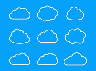 Poster - Vector set of clouds isolated on blue background. Cloud signs for use in the design of the weather forecast interface, for the creation of paper stickers and more.