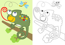 Vector Cartoon Of Chameleon Try To Catch A Dragonfly, Coloring Book Or Page