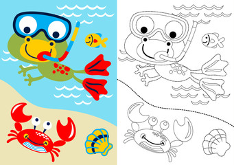 Sticker - vector cartoon of frog and cfriends, coloring book or page