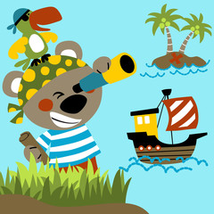 Wall Mural - vector cartoon of bear pirate and his crew with sail boat