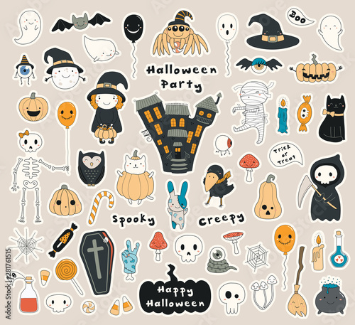 Big set of Halloween stickers with kawaii characters, haunted house, pumpkins...