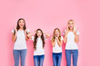 © deagreez - Photo of four different age ladies listening positive news wear casual outfit isolated pink background