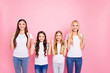 © deagreez - Photo of four different age ladies indicating arms on sale prices banner wear casual outfit isolated pink background