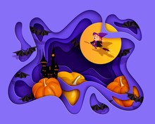 Halloween 3d Papercut Layered Design. Bat, Witch, Pumpkin, Castle, Ghost, Moon