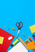 Back To School Card Supplies Vector Realistic. Crayons, Ruler, Notes Detailed 3d Illustrations