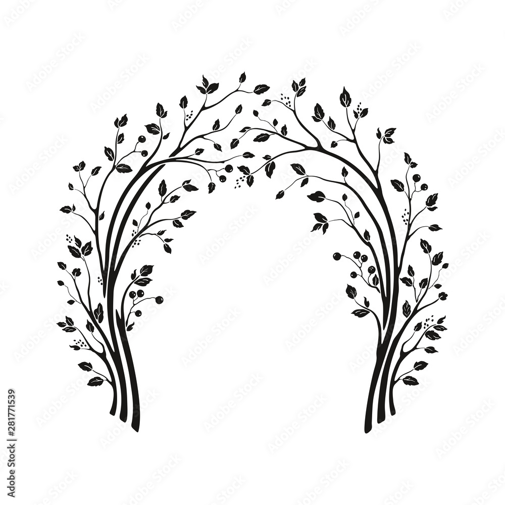Beautiful wedding arch with tree branches and leaves. Vector holiday illustration. Floral cute silhouette design.
