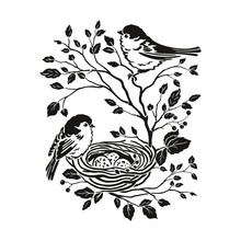 Floral Decor With Silhouettes Family Birds On Branches Tree With Leaves And Nest Egg. Vector Isolated Illustration In Vintage Style For Your Design.