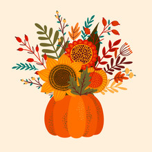 Cute Illustration With Autumn Bouquet. Vector Template For Card, Poster, Flyer, Cover And Other Use.