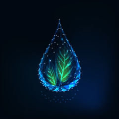 Canvas Print - Futuristic glowing transparent low polygonal water drop with green leaves.