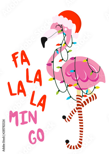 Dekoracja na wymiar  fa-la-la-la-min-go-fraza-kaligrafii-na-boze-narodzenie-z-urocza-dziewczyna-flaminga-recznie-rysowane-napis
