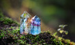 Beautiful minerals towers close up on mysterious natural background. fluorite quartz gemstones for Magic healing Crystal Ritual, Witchcraft. spiritual esoteric practice for soul relax. Reiki therapy.