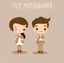 Cute Girl And Boy Photographer Cartoon