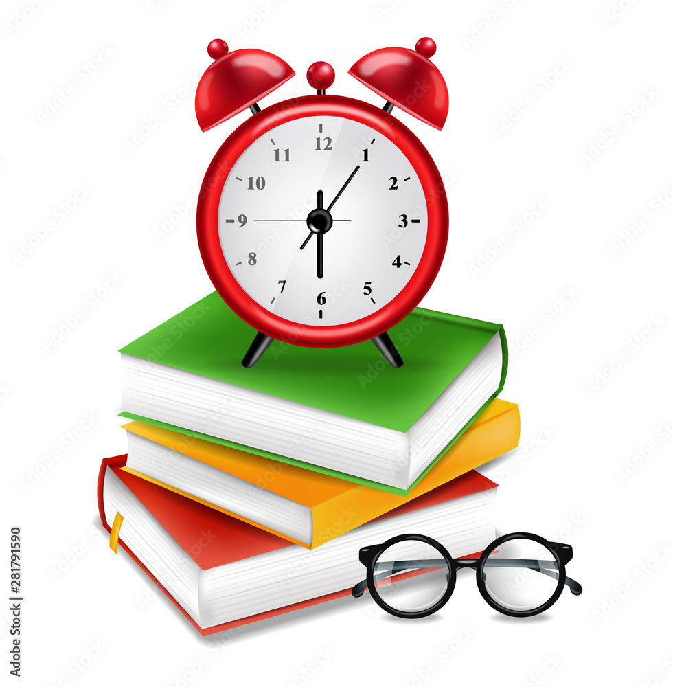 Books and alarm clock Vector realistic. Back to school poster. Sale ...
