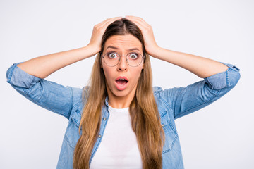 Close-up portrait of her she nice attractive lovely nervous worried straight-haired lady wearing specs expressing fear fail failure isolated over white light gray pastel background